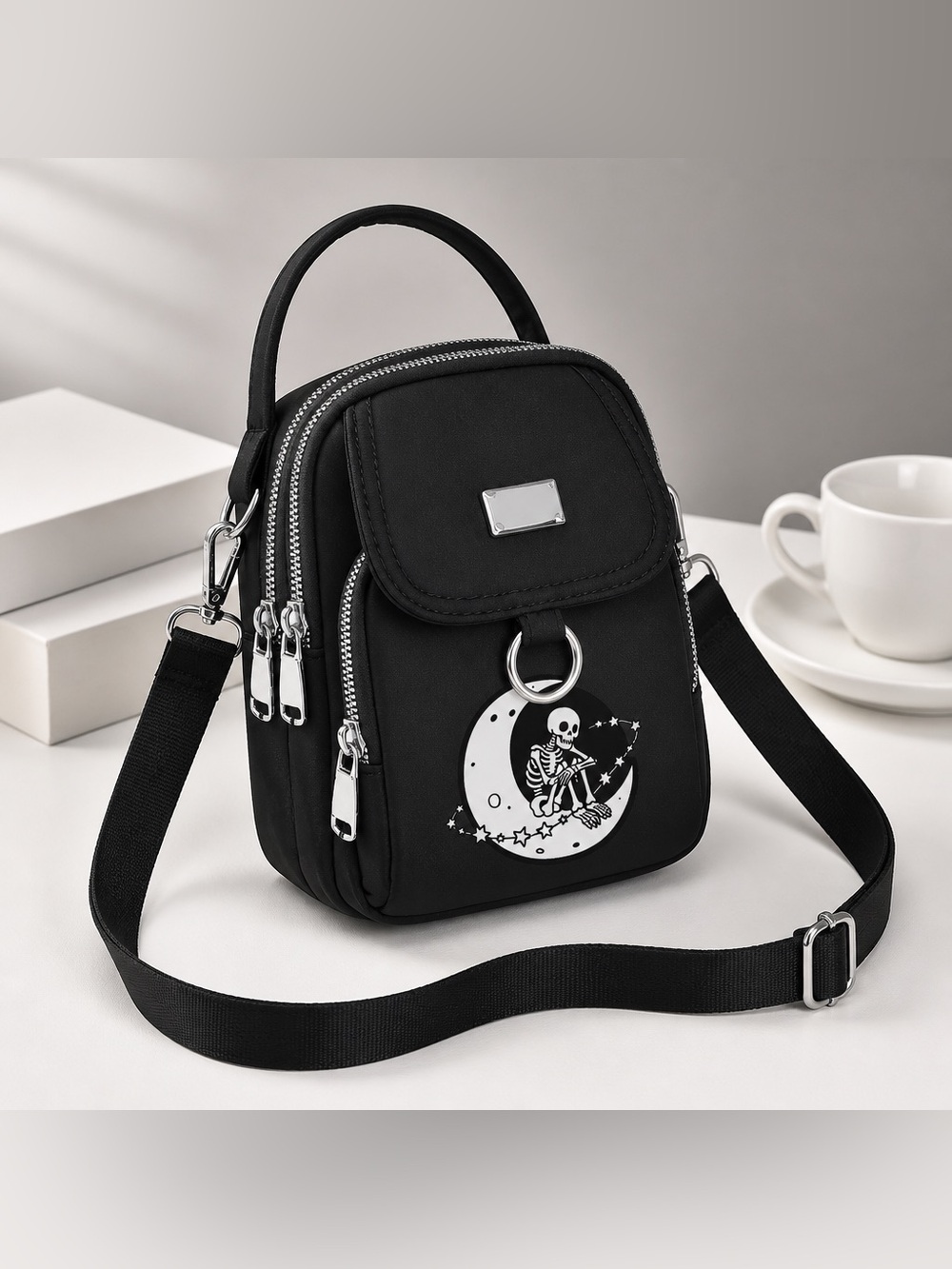 Black Skeleton Moon Mini Backpack - Crossbody Bag - Women